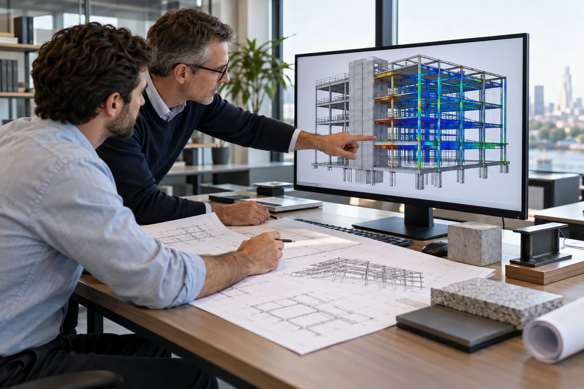 Structural engineers reviewing a finite-element analysis model and drawings