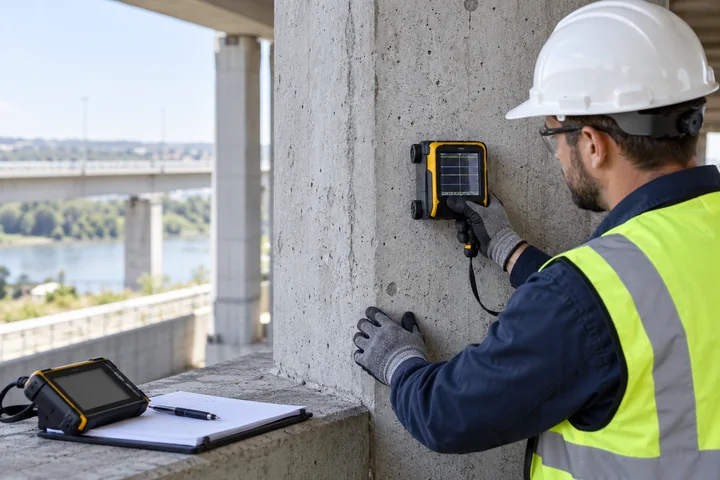 Engineer performing nondestructive testing on reinforced concrete